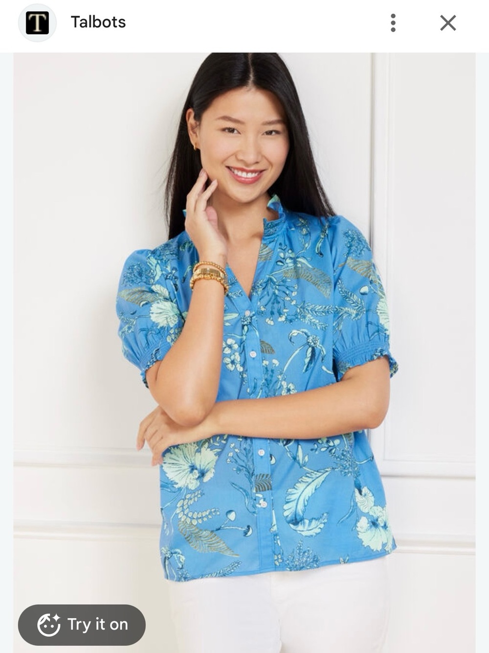 Talbots PM Blue Floral Short-Sleeve Button-Up Shirt